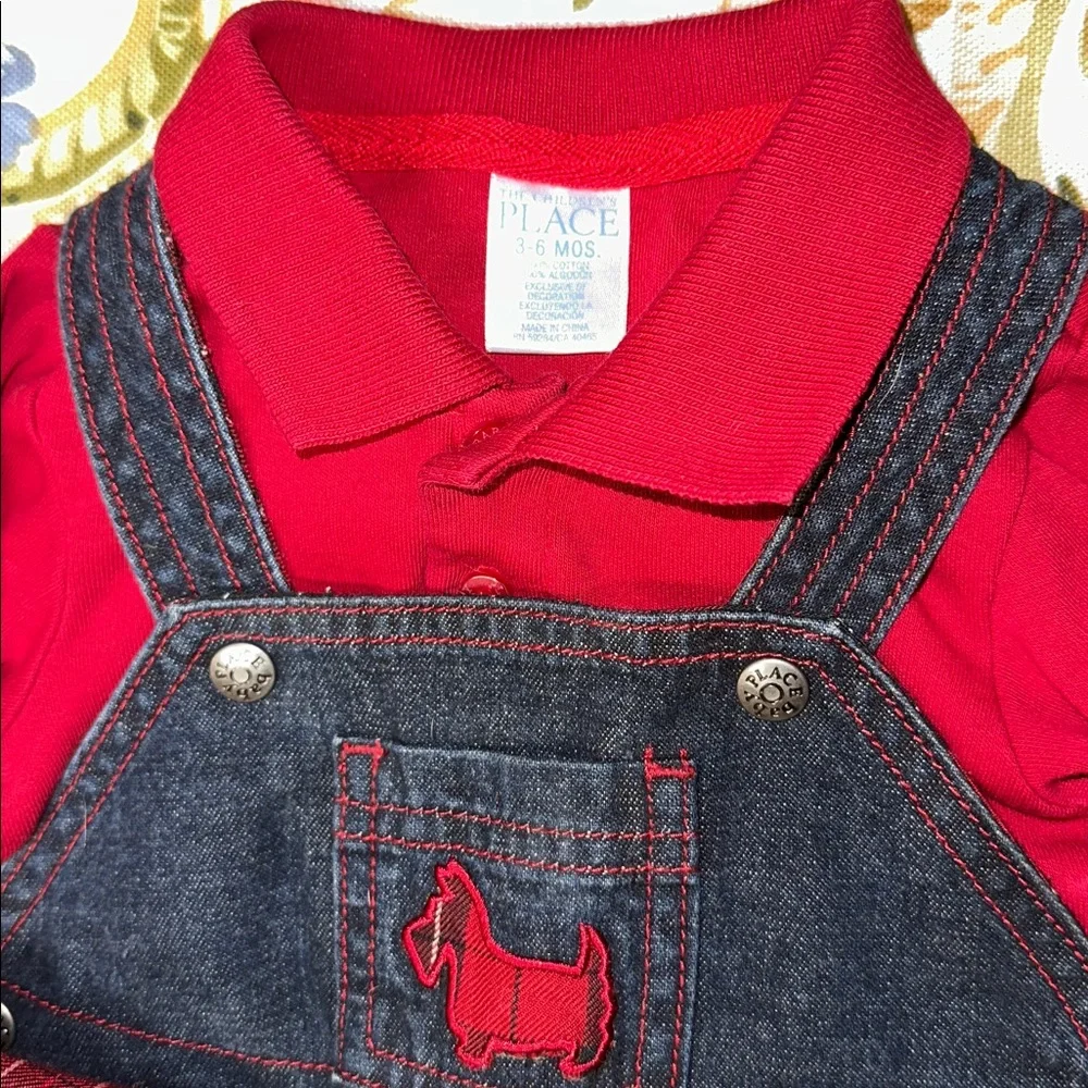 ADORABLE TCP DENIM SCOTTY DOG OVERALLS SHIRT HAT SET RED PLAID 3-6 MONTHS EUC - Picture 3 of 8